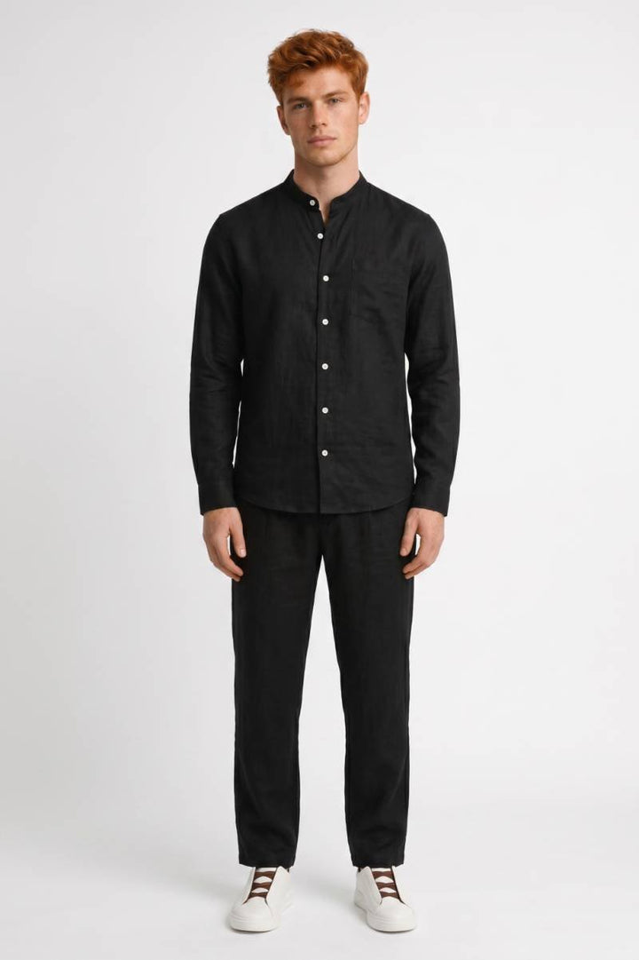 Co-ord Set Men - Grandad Collar Button Up Shirt & Trousers | Relaxed — Black