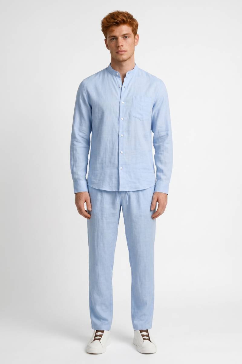 Co-ord Set Men - Grandad Collar Button Up Shirt & Trousers | Relaxed — Light Blue