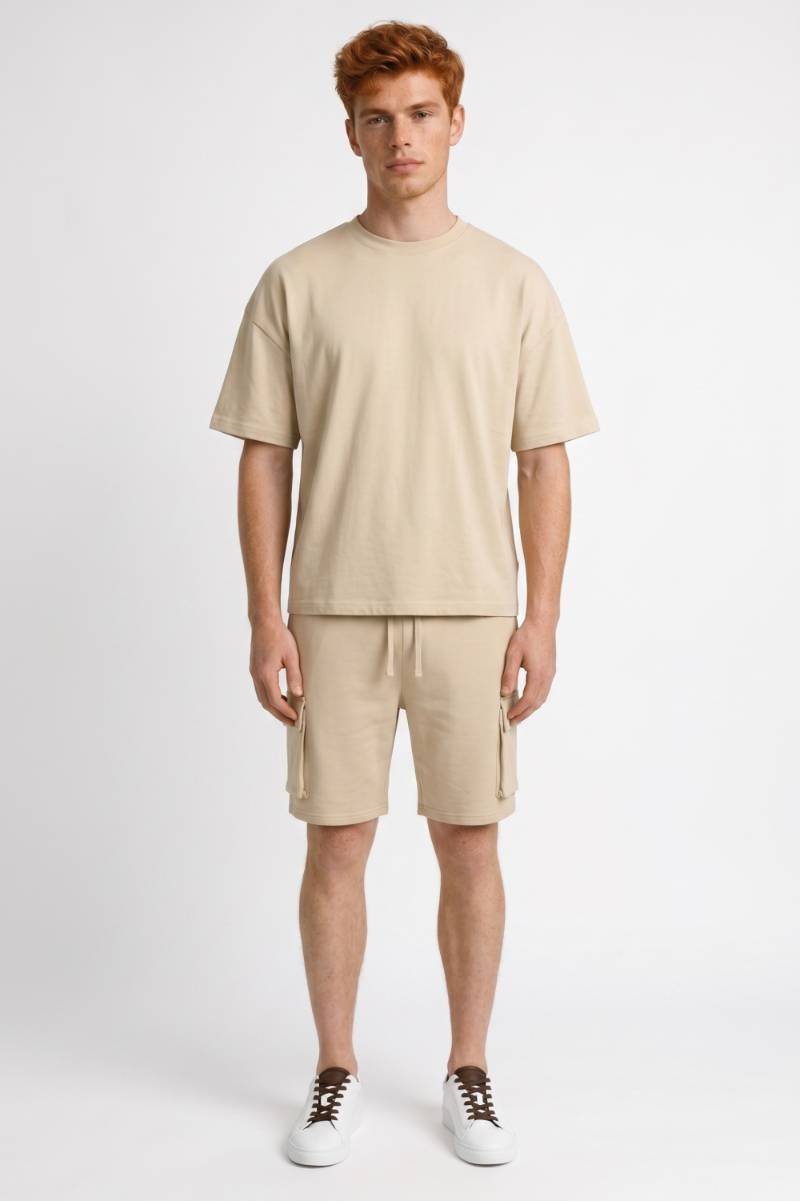 Co-ord Set Men - Relaxed Fit T-Shirt & Cargo Shorts | Casual — Beige