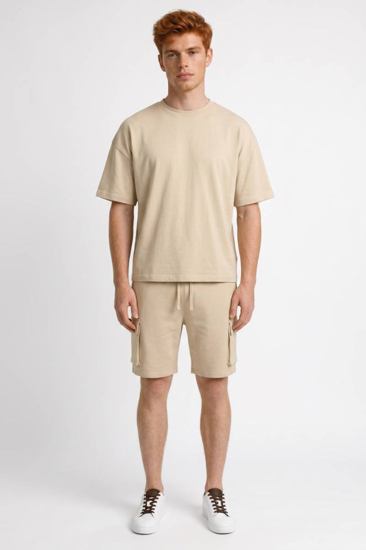 Co-ord Set Men - Relaxed Fit T-Shirt & Cargo Shorts | Casual — Beige