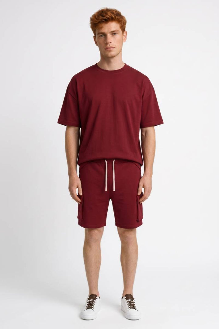 Co-ord Set Men - Relaxed Fit T-Shirt & Cargo Shorts | Casual — Wine