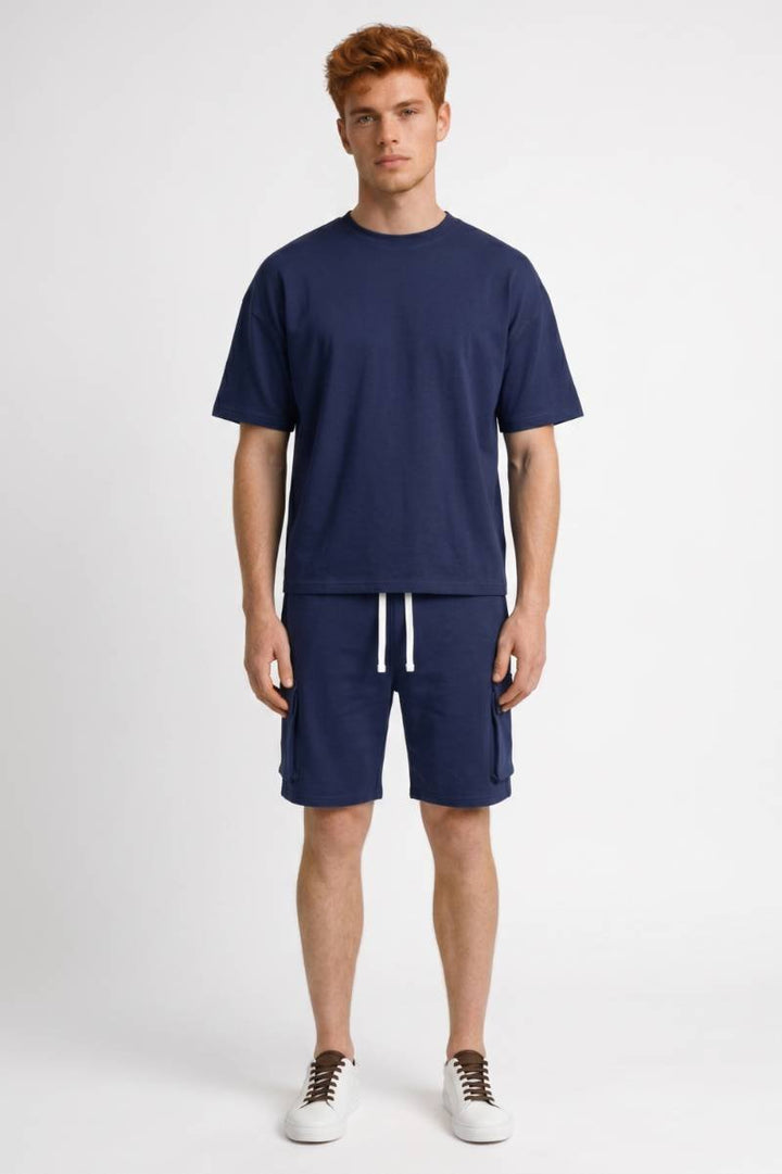 Co-ord Set Men - Relaxed Fit T-Shirt & Cargo Shorts | Casual — Navy