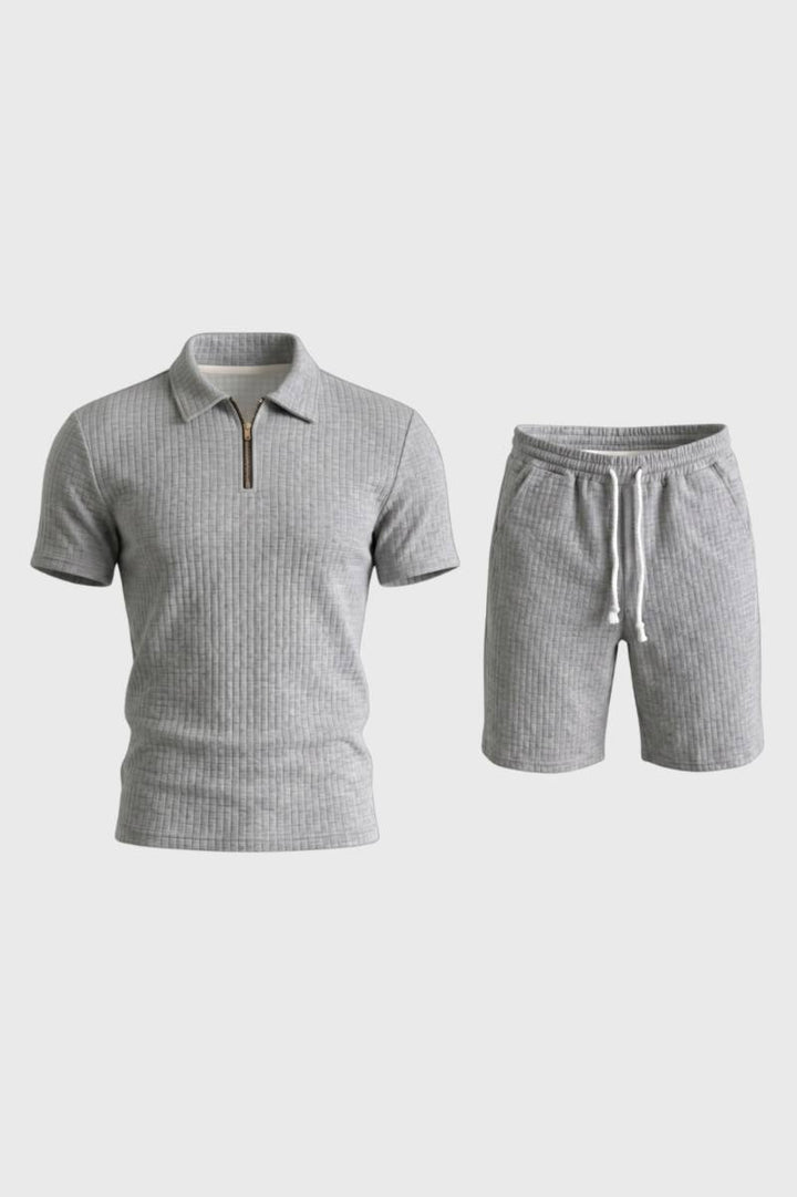 Co-ord Set Men - Ribbed Polo & Shorts | Smart Casual — Grey