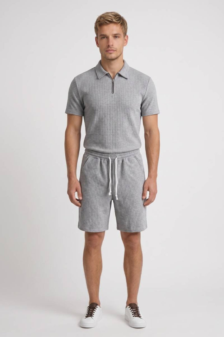 Co-ord Set Men - Ribbed Polo & Shorts | Smart Casual — Grey