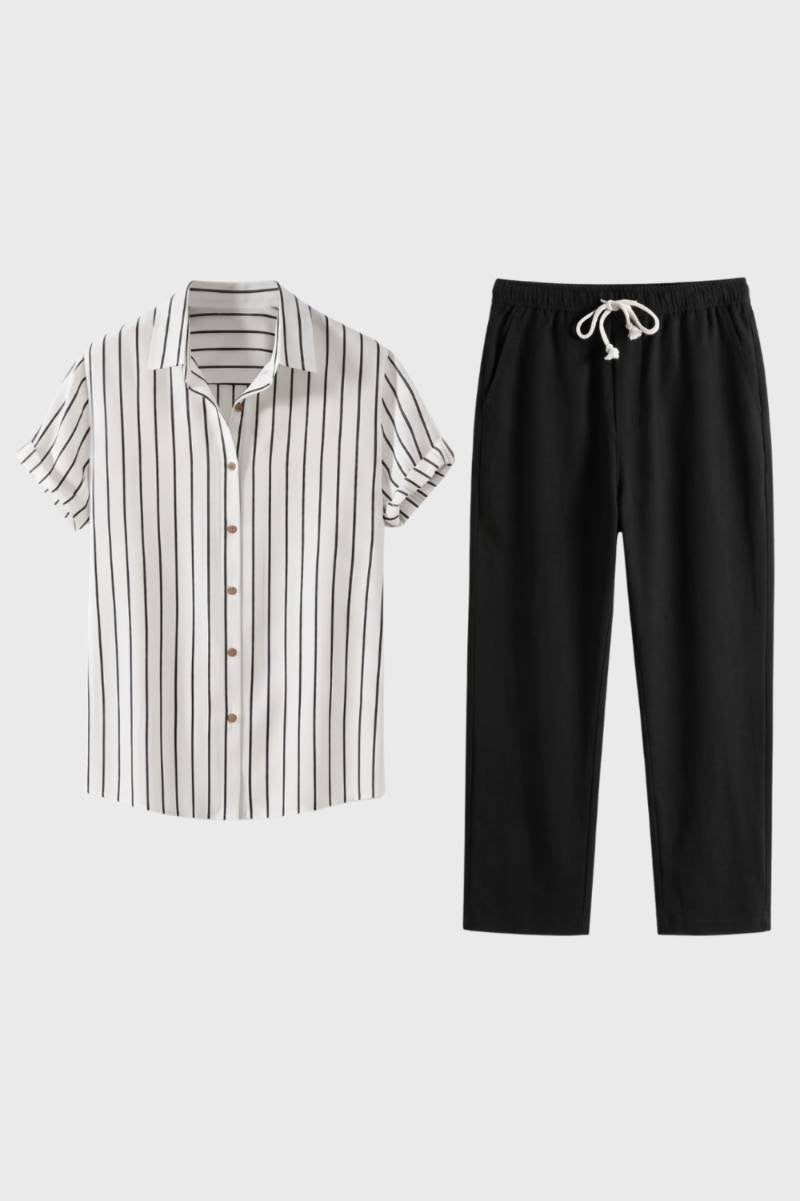 Co-ord Set Men - Striped Shirt & Drawstring Trousers | Casual — Striped White