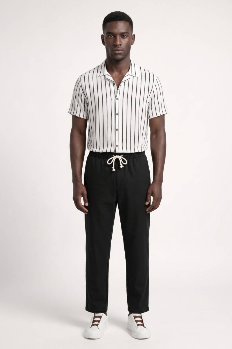 Co-ord Set Men - Striped Shirt & Drawstring Trousers | Casual — Striped White