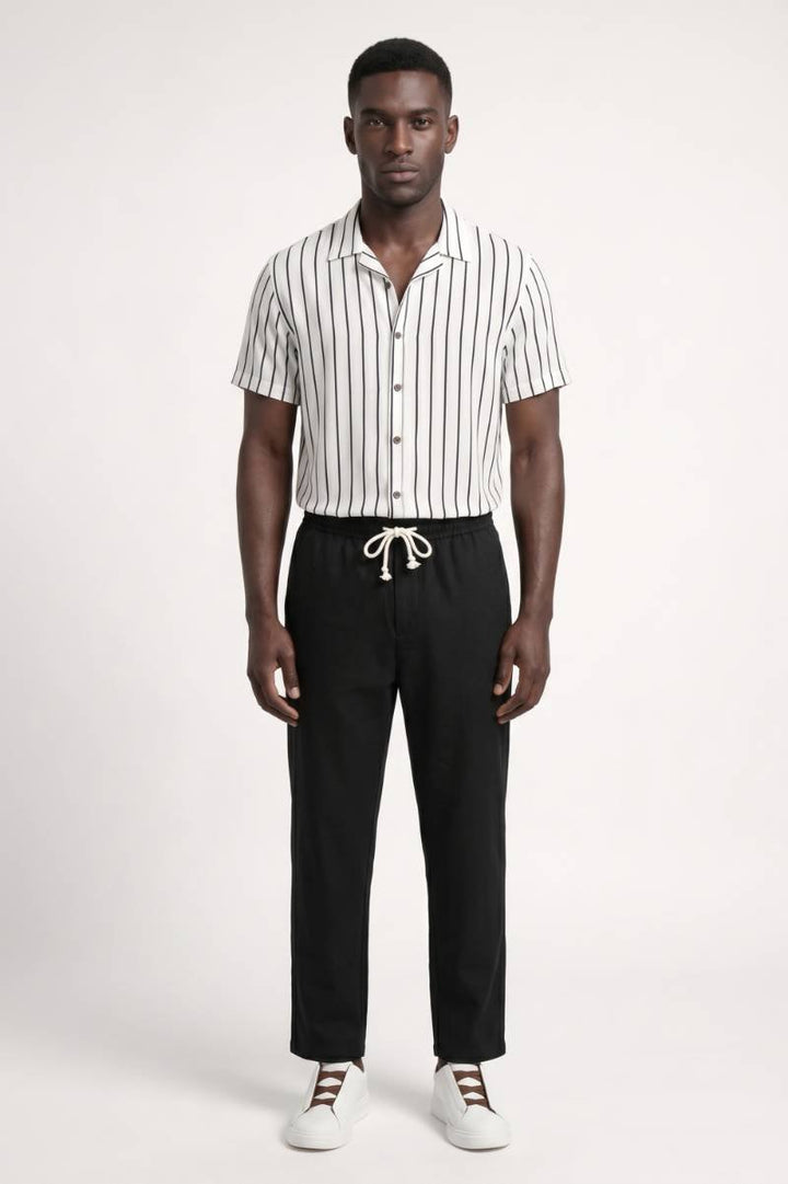Co-ord Set Men - Striped Shirt & Drawstring Trousers | Casual — Striped White