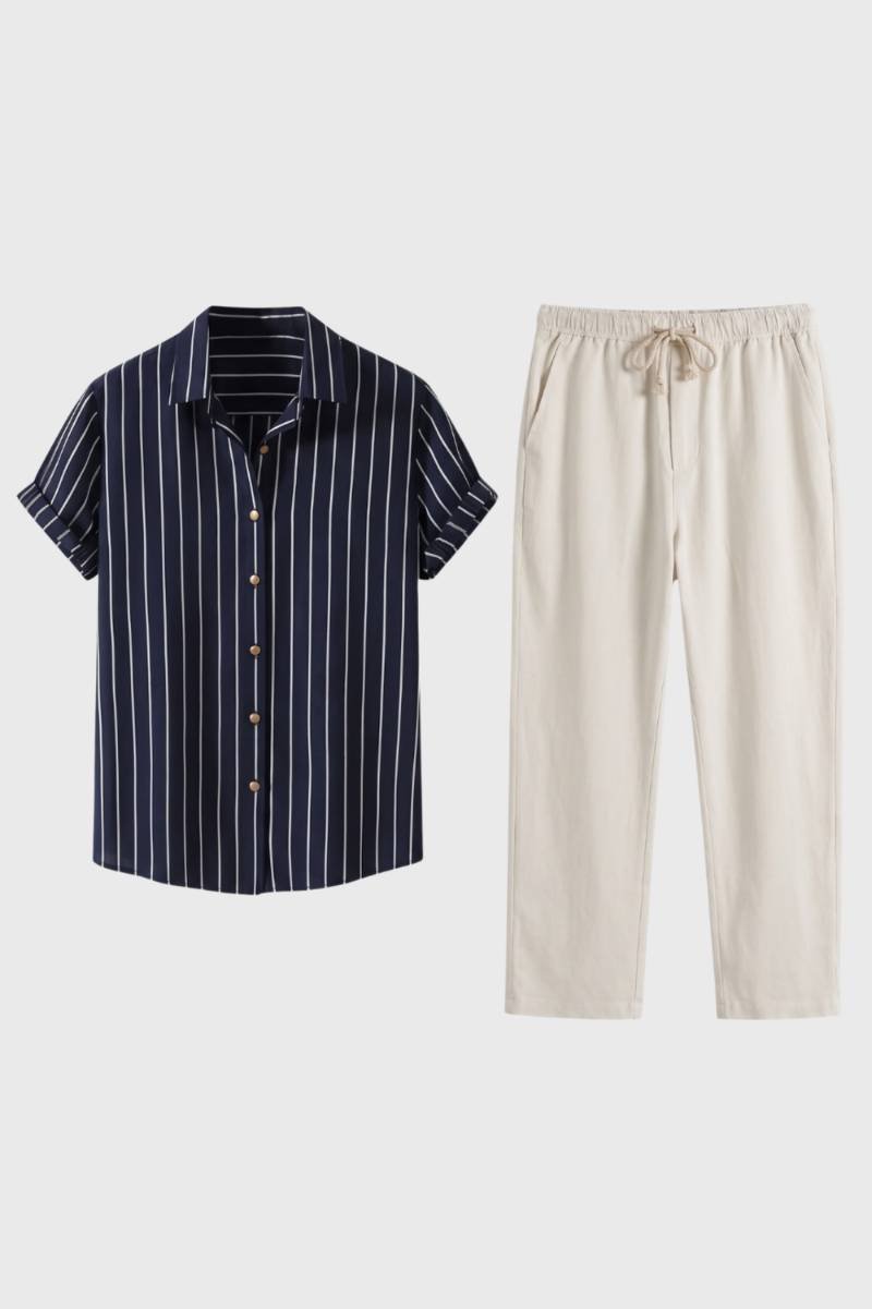 Co-ord Set Men - Striped Shirt & Drawstring Trousers | Casual — Striped Navy