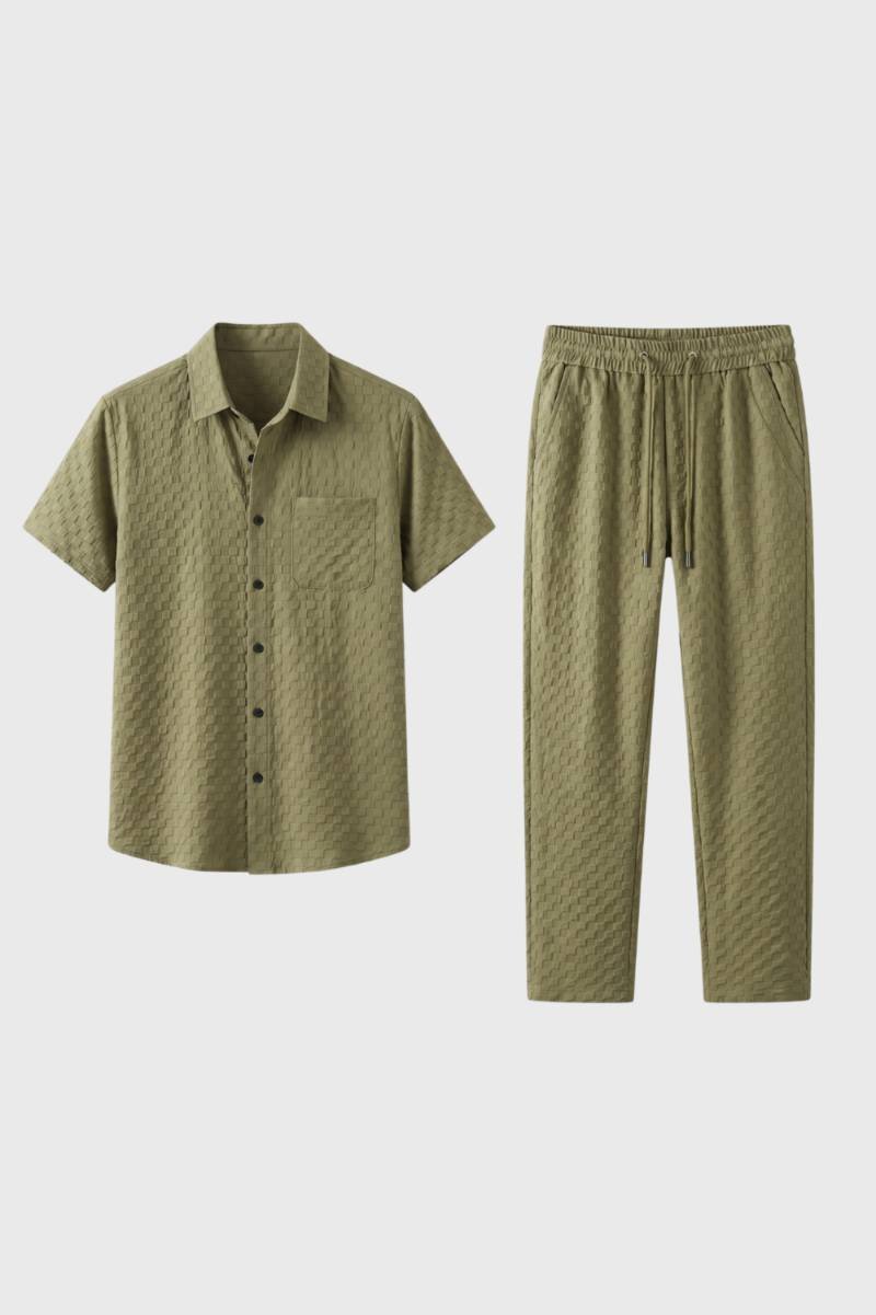 Co-ord Set Men - Textured Short Sleeve with Drawstring | Casual — Olive