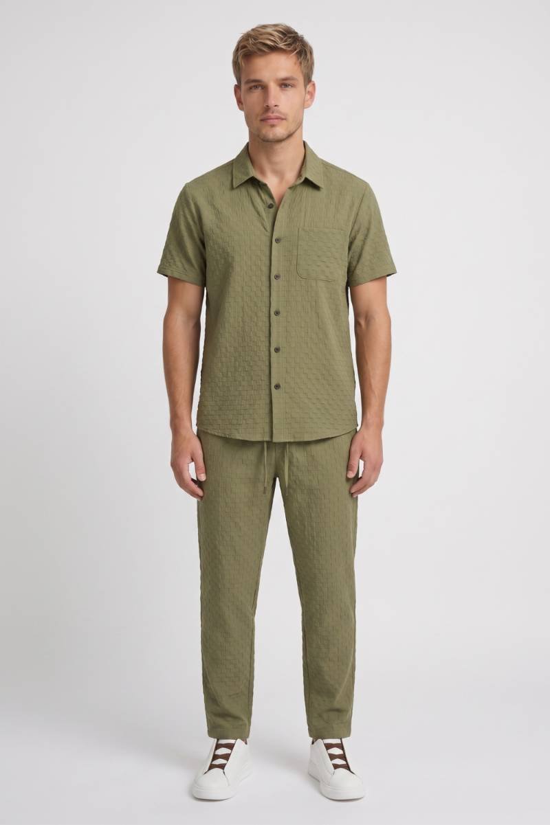 Co-ord Set Men - Textured Short Sleeve with Drawstring | Casual — Olive