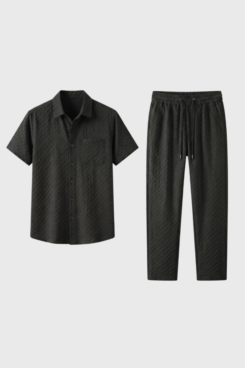 Co-ord Set Men - Textured Short Sleeve with Drawstring | Casual — Charcoal