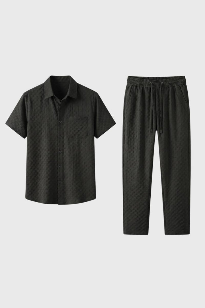 Co-ord Set Men - Textured Short Sleeve with Drawstring | Casual — Charcoal