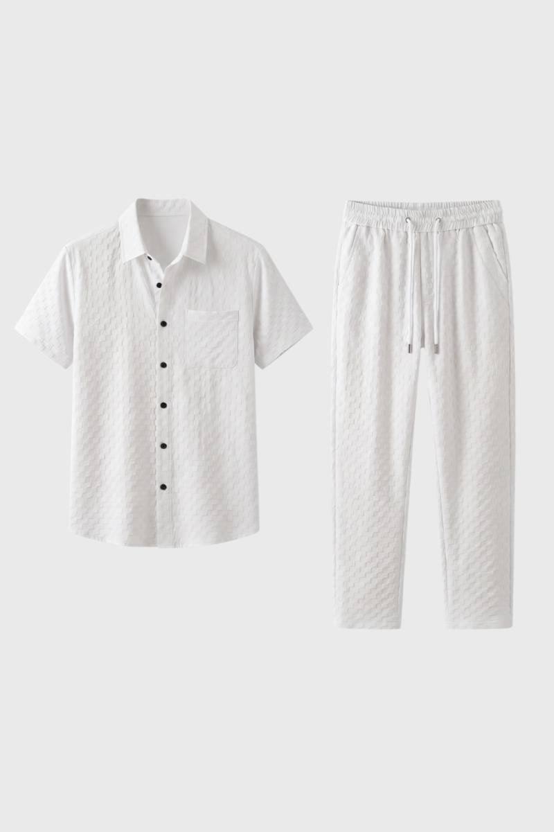 Co-ord Set Men - Textured Short Sleeve with Drawstring | Casual — White