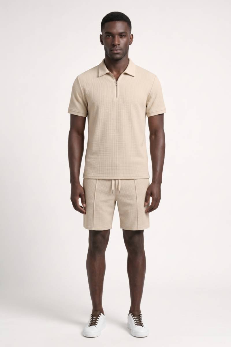 Co-ord Set Men - Textured Zip Polo & Shorts | Smart Casual — Beige