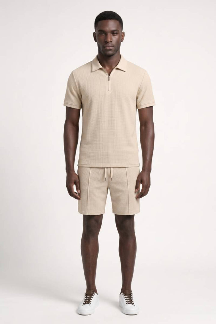 Co-ord Set Men - Textured Zip Polo & Shorts | Smart Casual — Beige
