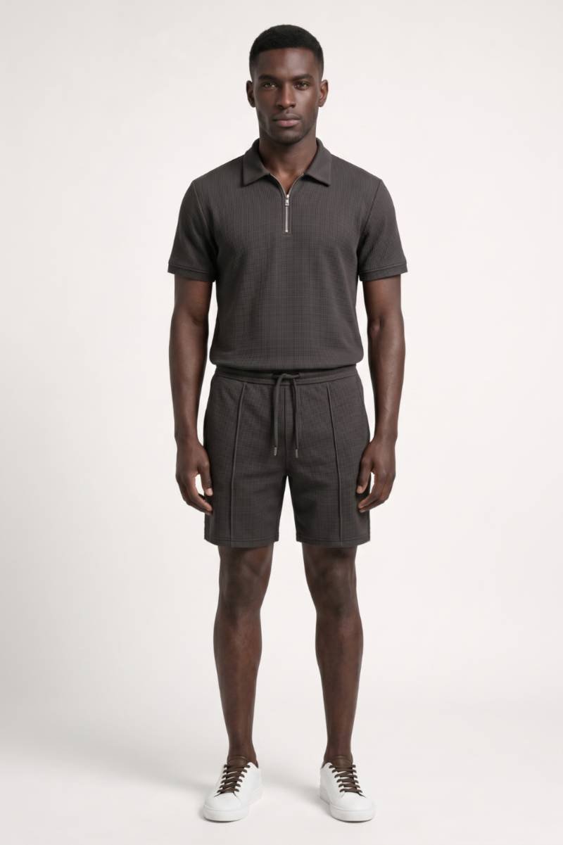 Co-ord Set Men - Textured Zip Polo & Shorts | Smart Casual — Charcoal