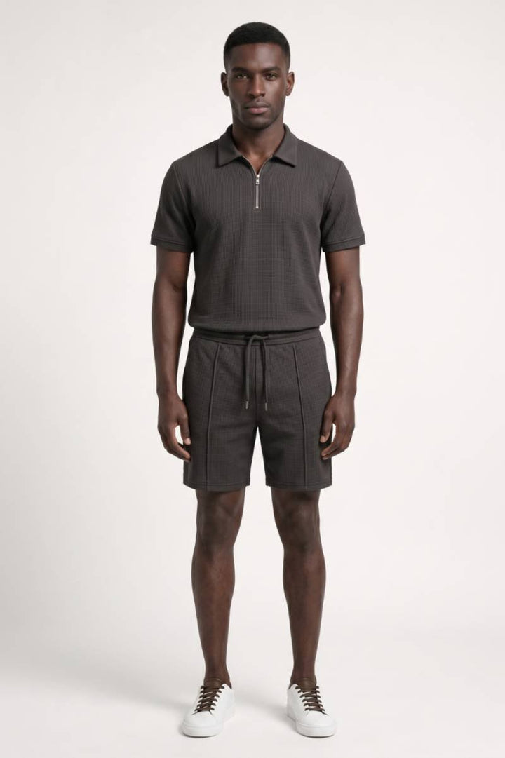Co-ord Set Men - Textured Zip Polo & Shorts | Smart Casual — Charcoal