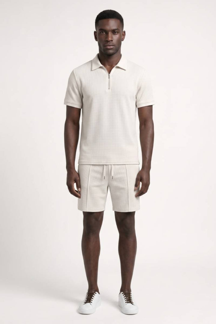 Co-ord Set Men - Textured Zip Polo & Shorts | Smart Casual — White