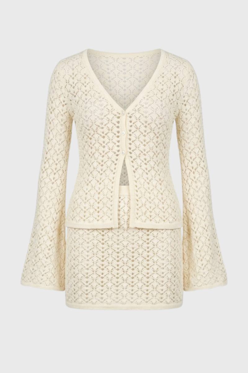 Co-ord Set Women - Crochet V-Neck Long Sleeve | Chic — Cream