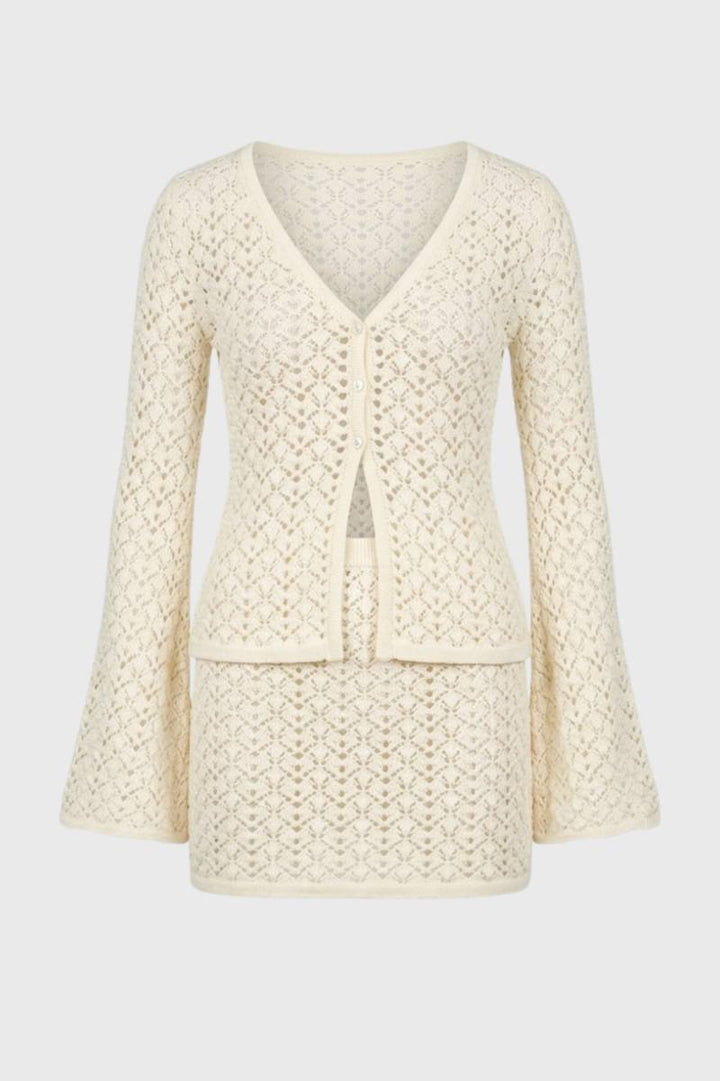 Co-ord Set Women - Crochet V-Neck Long Sleeve | Chic — Cream