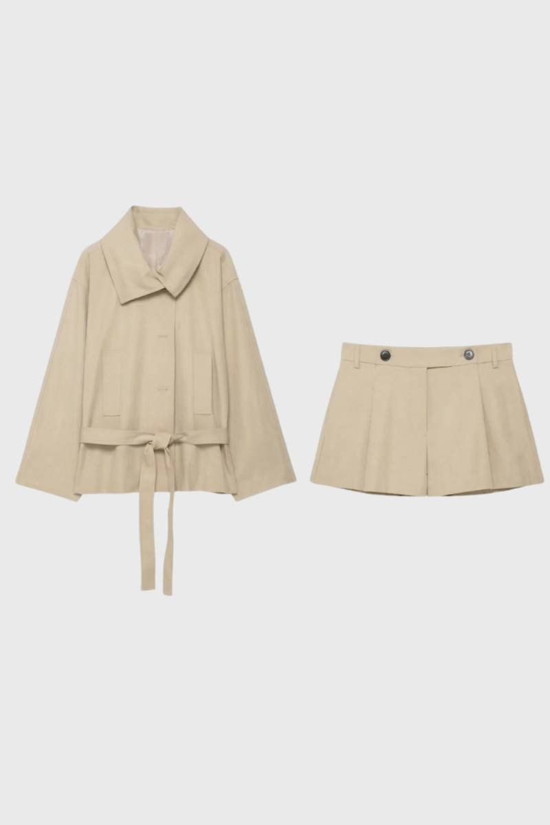 Co-ord Set Women - Oversized Belted Shirt | Wide Leg Shorts — Beige