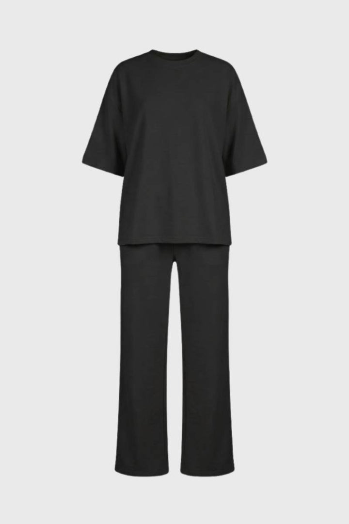 Co-ord Set Women - Oversized T-shirt & Wide Leg Trousers | Casual — Charcoal