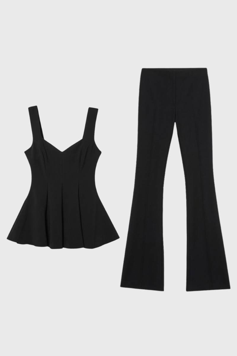 Co-ord Set Women - Pleated Top Flared Trousers | Elegant — Black
