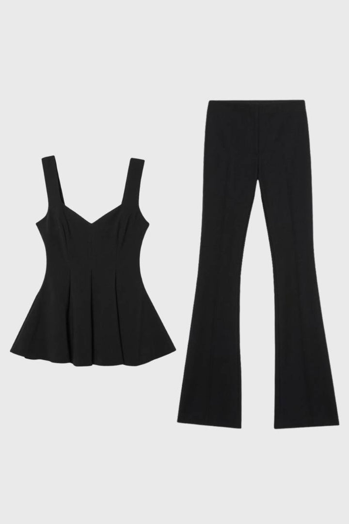 Co-ord Set Women - Pleated Top Flared Trousers | Elegant — Black