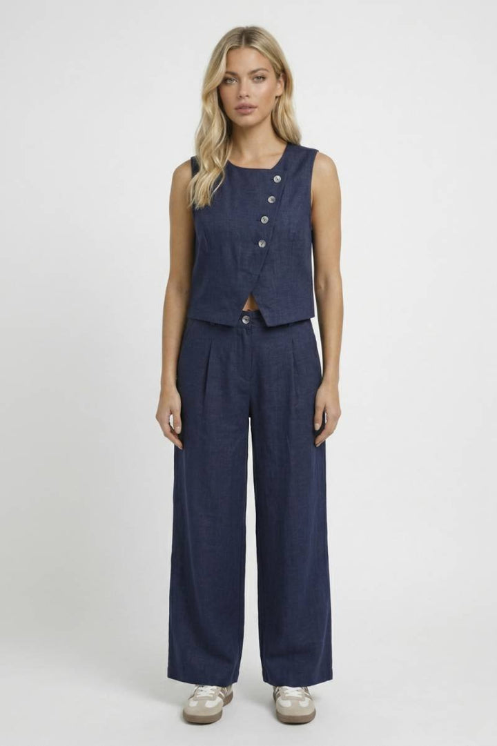 Co-ord Set Women - Sleeveless Waistcoat & Wide Leg Trousers | Chic — Navy