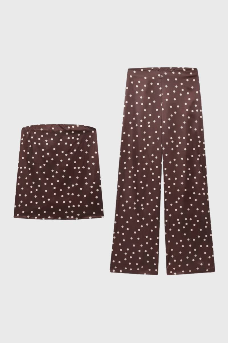 Co-ord Set Women - Strapless Top & Wide Leg Trousers | Chic — Polka dot Brown