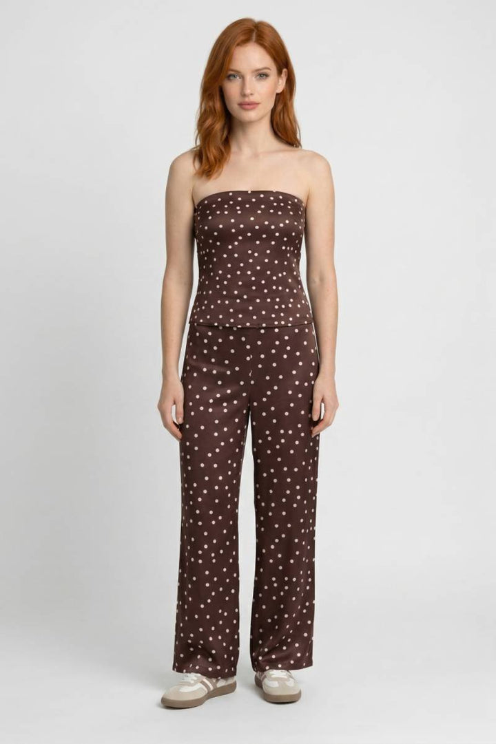 Co-ord Set Women - Strapless Top & Wide Leg Trousers | Chic — Polka dot Brown