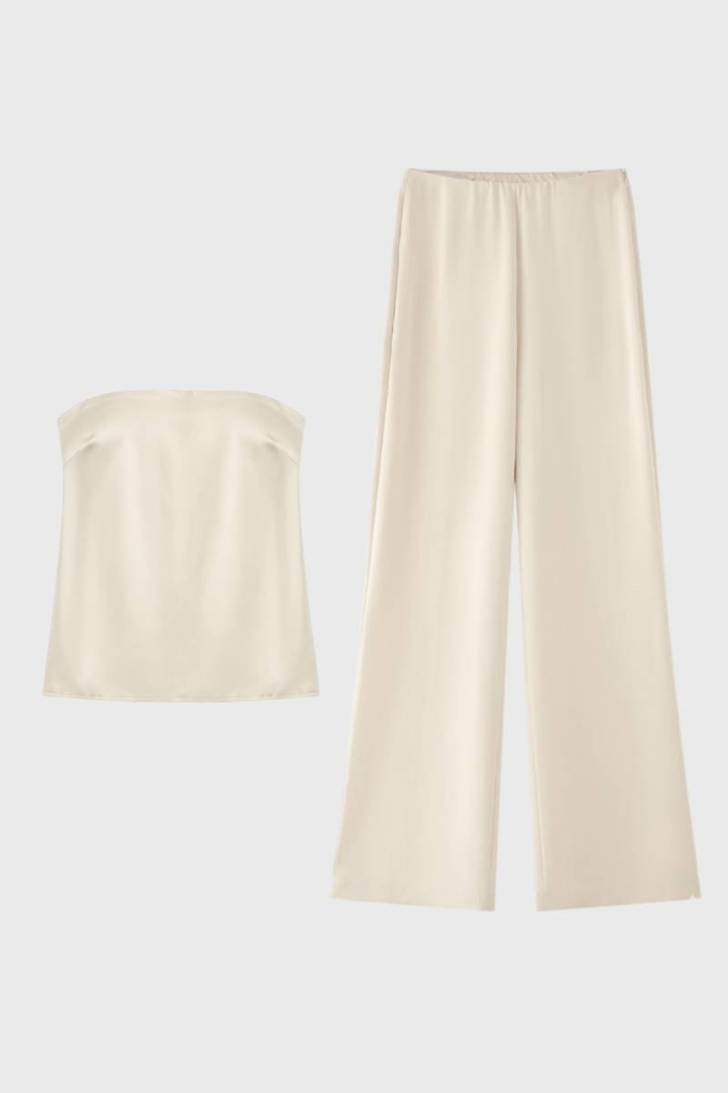 Co-ord Set Women - Strapless Top & Wide Leg Trousers | Chic — Cream
