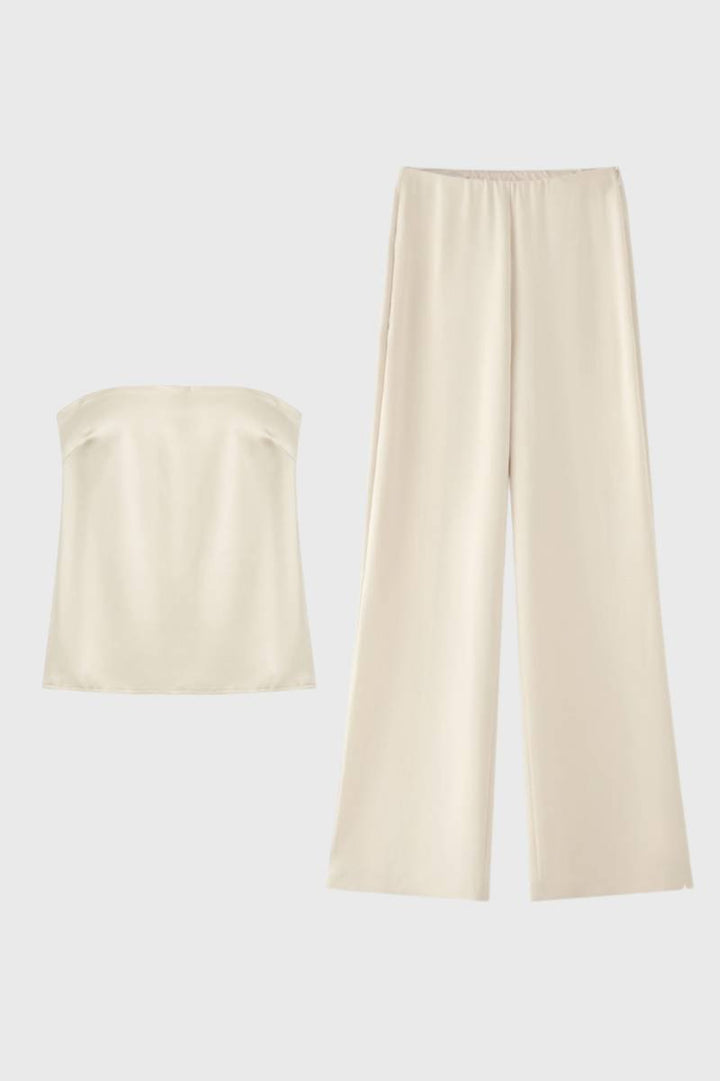 Co-ord Set Women - Strapless Top & Wide Leg Trousers | Chic — Cream