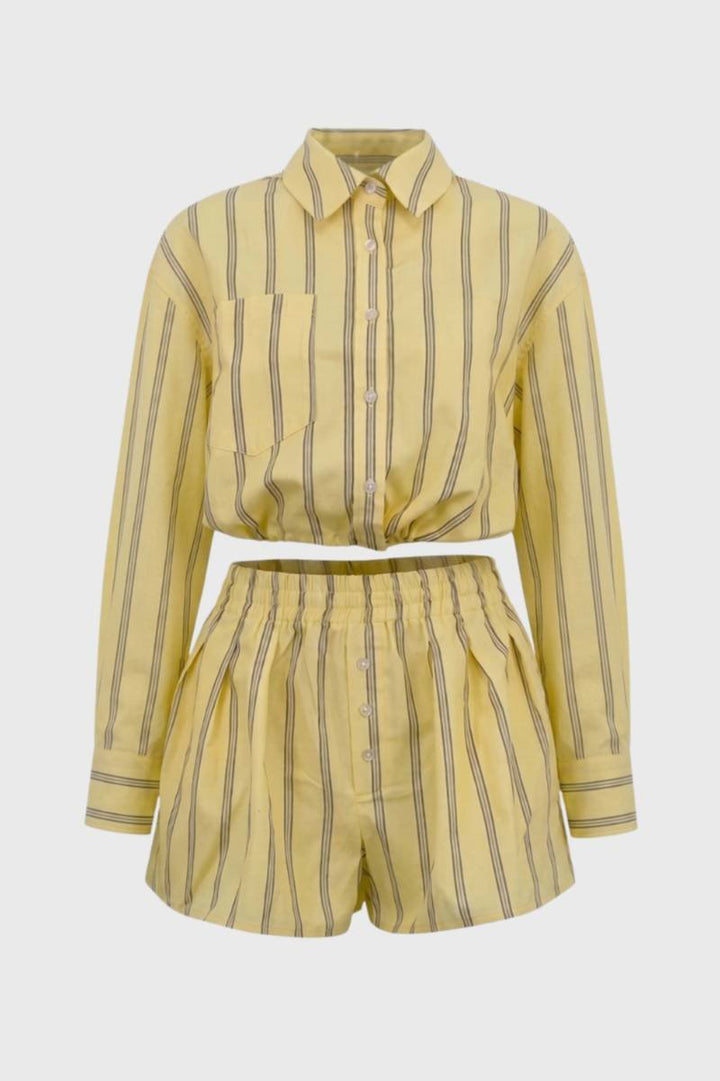Co-ord Set Women - Striped Button Front Shirt & Shorts | Casual — Striped Yellow