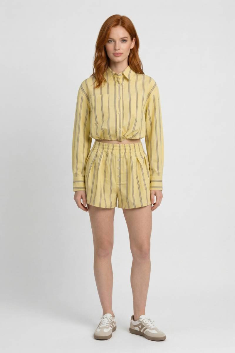 Co-ord Set Women - Striped Button Front Shirt & Shorts | Casual — Striped Yellow