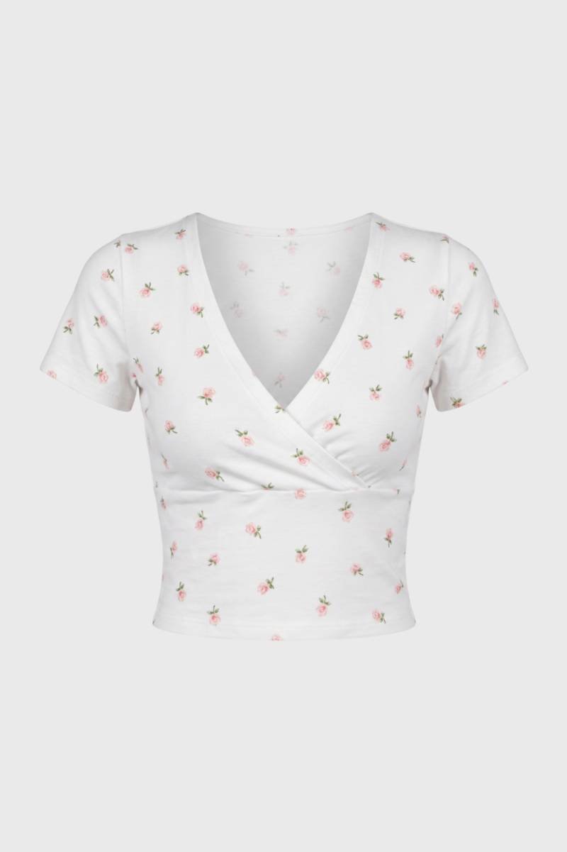 Crop Top Women - Wrap V-Neck Floral Print | Sweet Feminine — Floral White