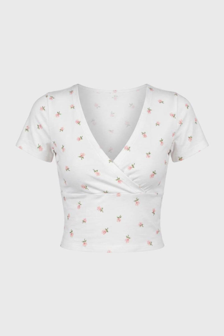 Crop Top Women - Wrap V-Neck Floral Print | Sweet Feminine — Floral White