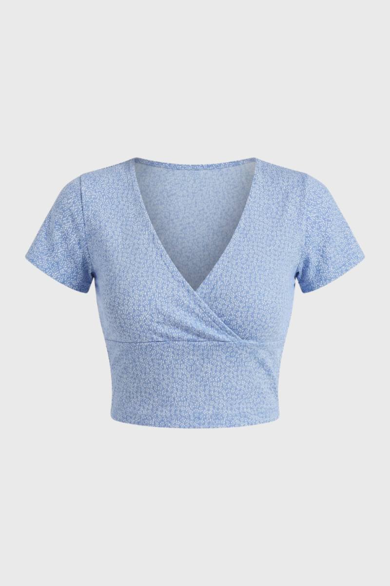 Crop Top Women - Wrap V-Neck Floral Print | Sweet Feminine — Light Blue