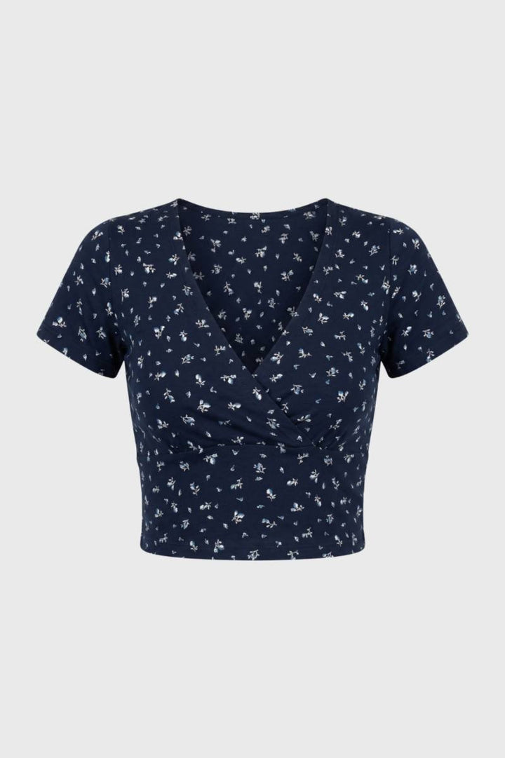 Crop Top Women - Wrap V-Neck Floral Print | Sweet Feminine — Floral Navy