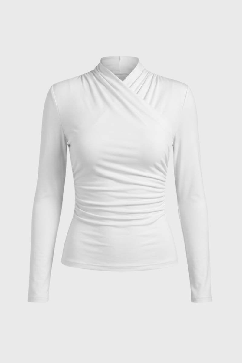 Cross Wrap Top Women - Ruched Detail Long Sleeve | Flattering — White