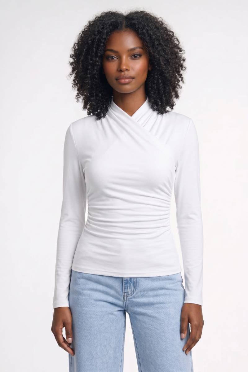 Cross Wrap Top Women - Ruched Detail Long Sleeve | Flattering — White