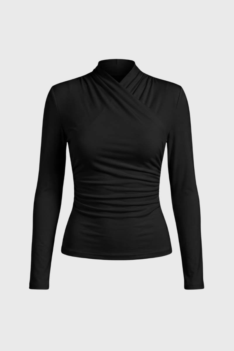 Cross Wrap Top Women - Ruched Detail Long Sleeve | Flattering — Black