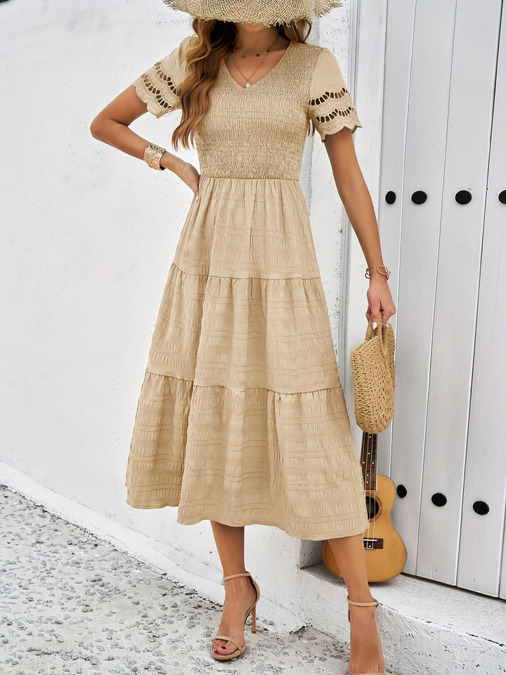 Isla - Boho Women's Wedding Guest Midi Dress with V-Neck, Short Sleeves and Tiered Skirt