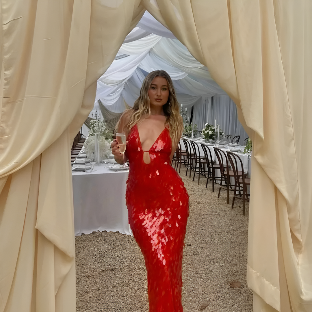 Maxi Dress Women - Deep V-Neck Strappy Sequin Bodycon | Elegant