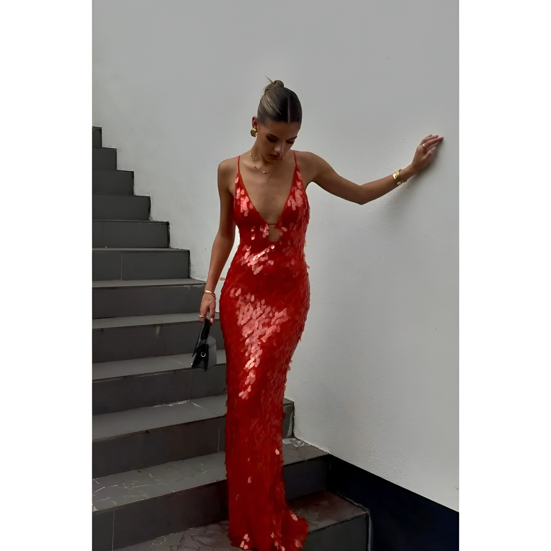 Maxi Dress Women - Deep V-Neck Strappy Sequin Bodycon | Elegant