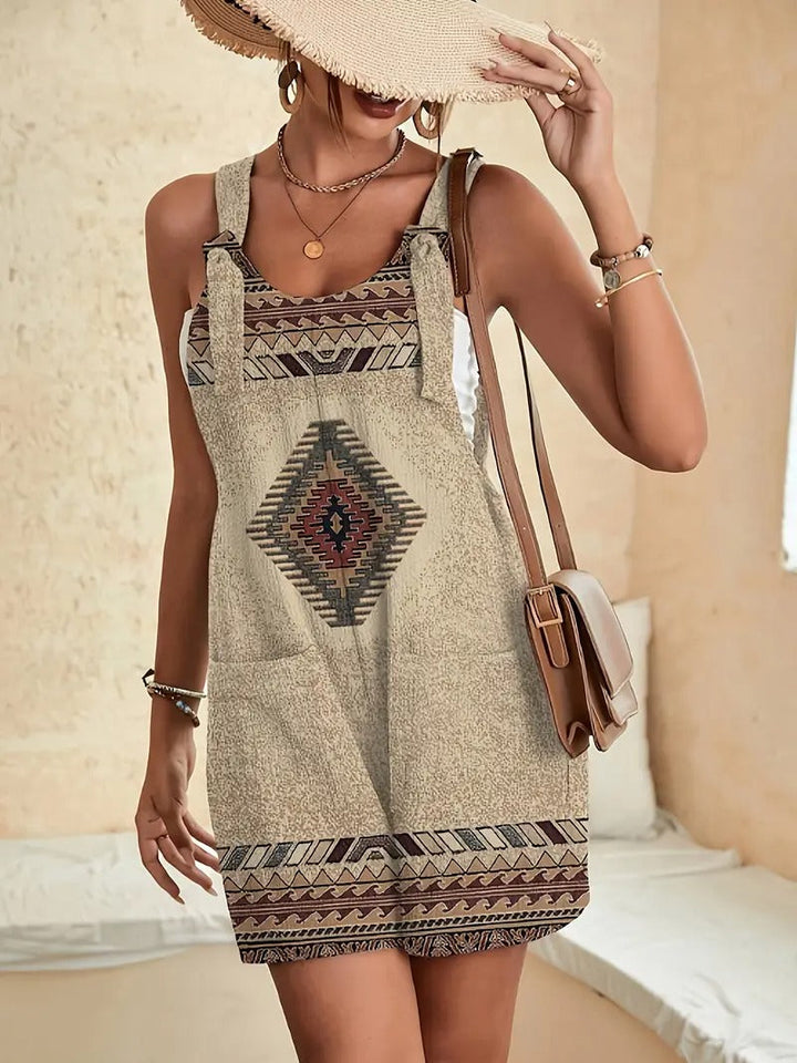 Mini Dress Women - Sleeveless Ethnic Print Pinafore | Summer