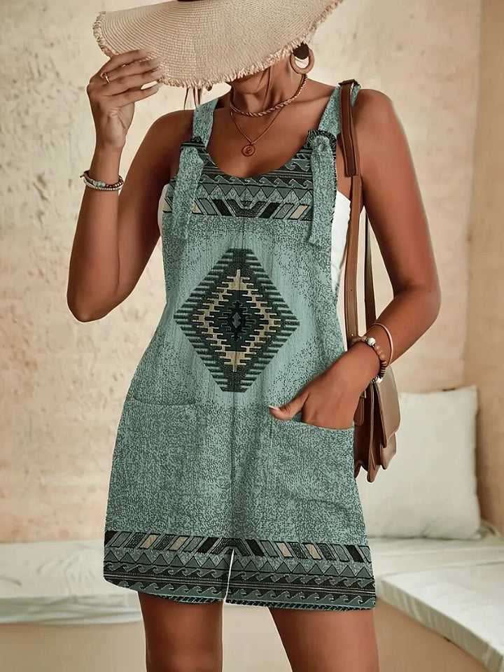 Mini Dress Women - Sleeveless Ethnic Print Pinafore | Summer