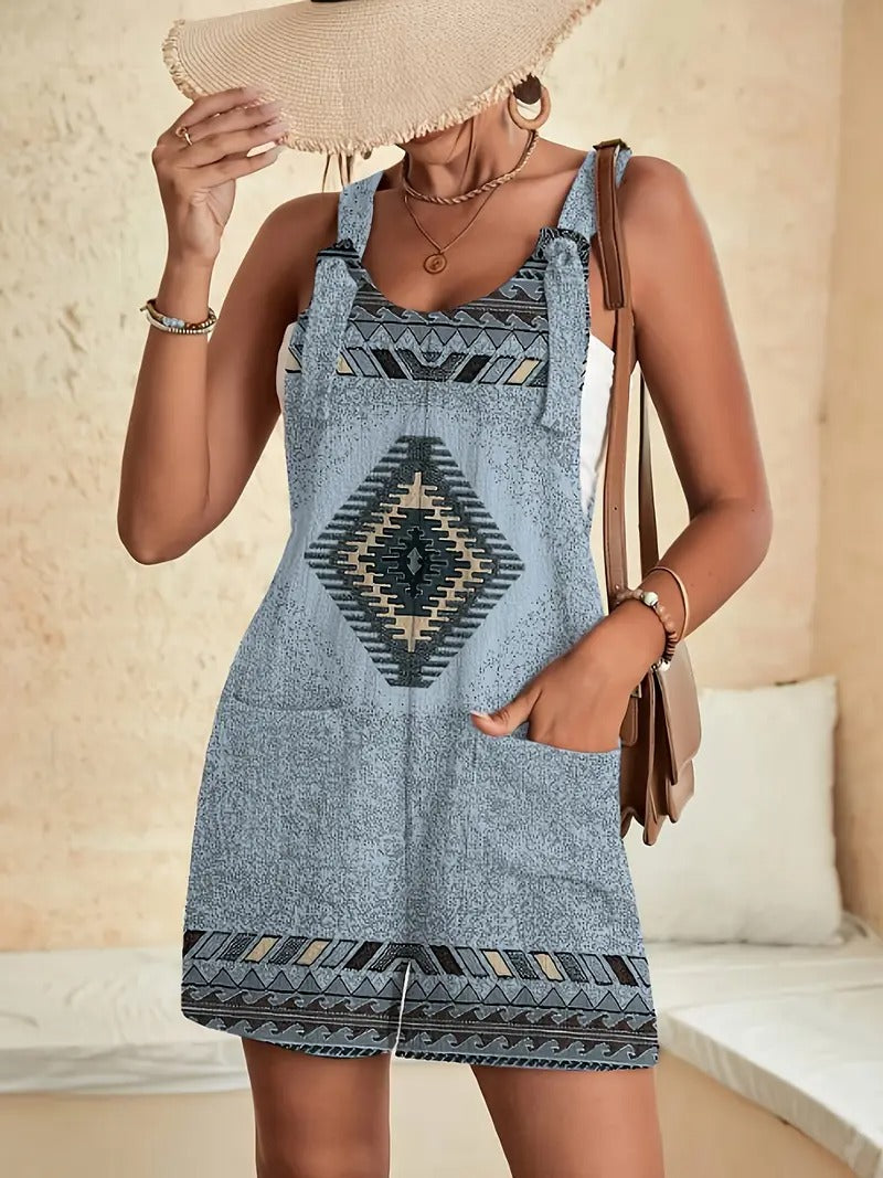 Mini Dress Women - Sleeveless Ethnic Print Pinafore | Summer
