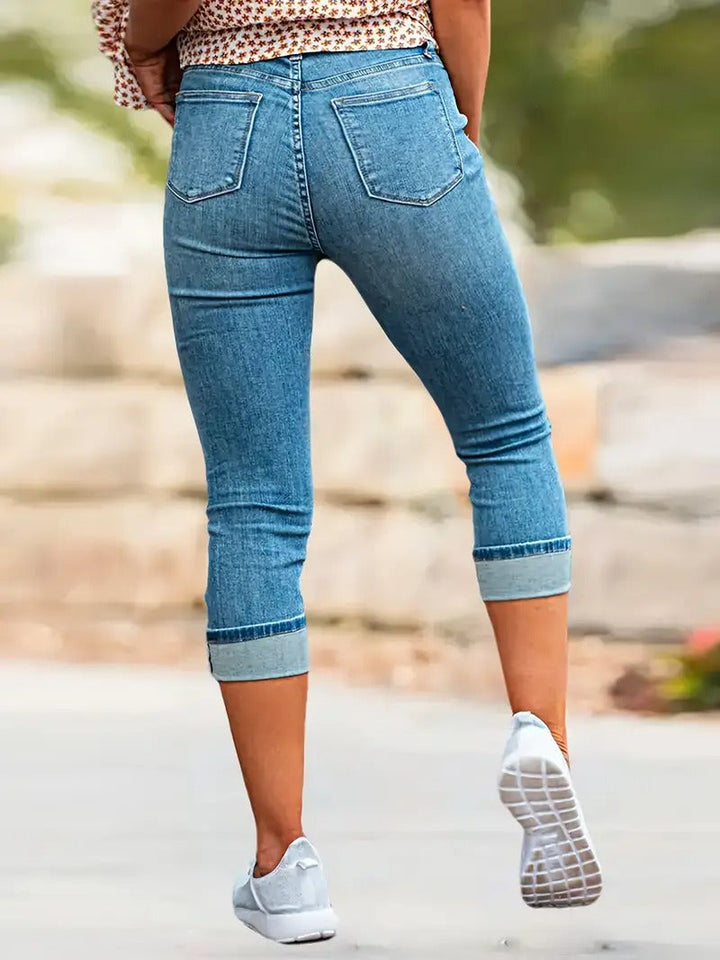 Women's Jeans - Cropped Skinny High Waist Cuffed Hem | Casual