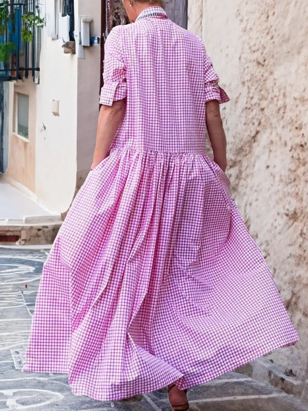 Casual long-sleeved shirt made of cotton, checked, swing dress